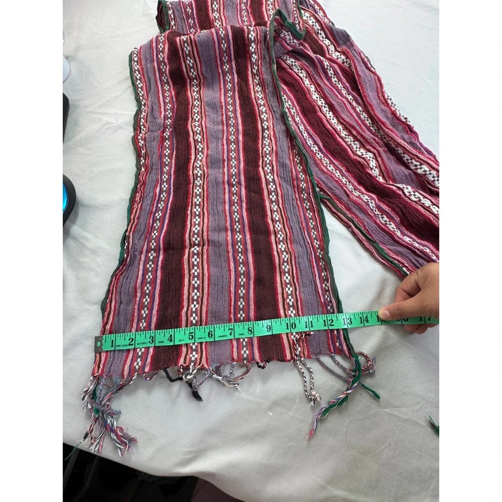 Boho Hand Woven Striped Fringed Scarf Burgundy Purple Green Geometric Pattern